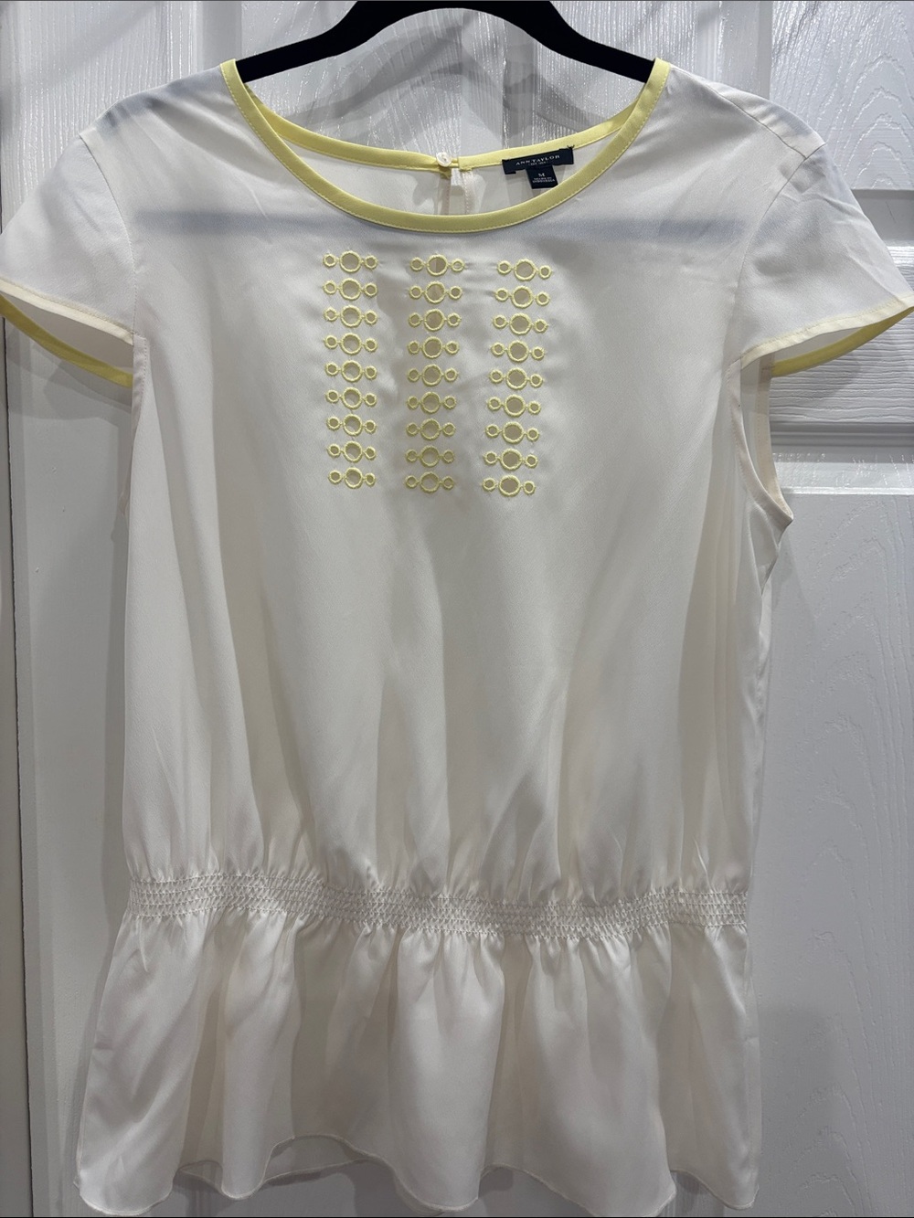 Ann Taylor Cream Peplum Blouse with Yellow Trim